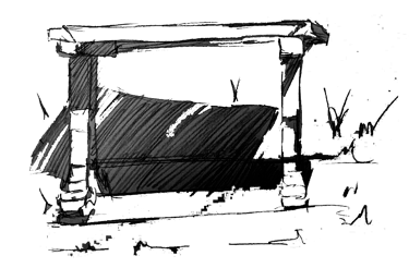 Ilustração de um ponto de ônibus com duas colunas e laje feitas de concreto. 