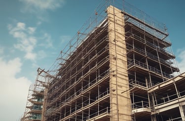 A colorful, historic building with blue and peach hues under renovation. Scaffolding is set up on both sides, and a clock with Roman numerals is visible above the entrance. Ornate details and arched windows enhance the architectural design. A construction worker wearing a helmet and high-visibility vest stands in front of the structure, surrounded by caution tape.