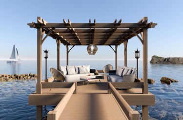3D render of a sundeck with decor furniture next to the sea copia