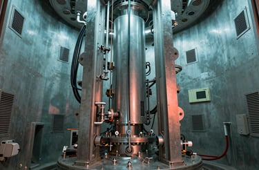 An industrial or scientific chamber with a cylindrical interior. The walls and ceiling are lined with metallic structures, vents, and panels, suggesting a complex technological or engineering environment. Central to the space are large, vertically oriented metallic structures, with cables and pipes running along the surfaces. The lighting casts a teal hue, enhancing the high-tech and futuristic appearance.