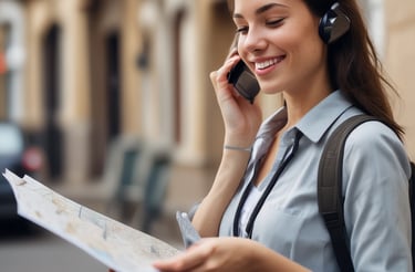 A smiling customer service representative assisting a traveler over the phone.