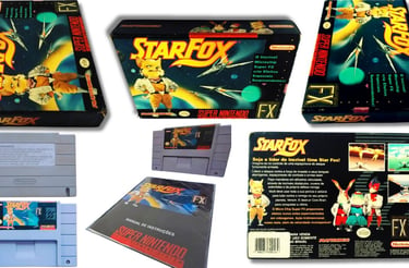 Star Fox é um dos jogos lançados pela Playtronic, aqui tem a caixa, o cartucho, manual e a poster