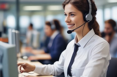 A spacious and brightly lit airport terminal with high ceilings. Multiple service desks line the right side, each equipped with monitors and signage. On the left, rows of seats are visible. The area is reflective with polished tile floors, and overhead lights illuminate the space. A few people are scattered across the terminal, adding a sense of minimal activity.