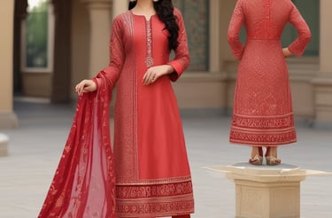 A woman wearing a blue and green patterned kurta with matching palazzo pants. She has long hair, is accessorized with earrings, and stands barefoot in a minimalistic setting. A large cream-colored vase holding dried plants is positioned beside her against a plain light background.