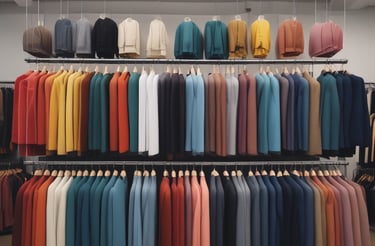 A clothing store display featuring neatly folded sweatshirts and t-shirts on wooden shelves, along with a range of hanging garments such as hoodies and shirts. The foreground shows a table with neatly folded pants and an empty wooden hanger.