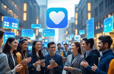 a group of people standing holding out their phone with their happy faces
