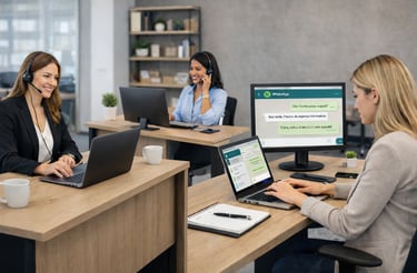 Profissionais de atendimento ao cliente prestando suporte por telefone e WhatsApp