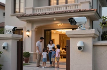 A friendly technician installing a CCTV camera at a residential home during sunset.