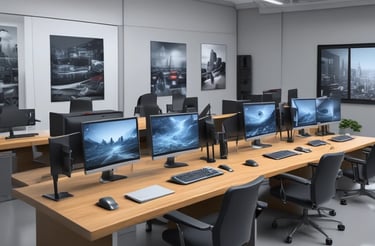 A room with a tiled ceiling and fluorescent lighting contains various electronic and office equipment. On the left, there's a wooden desk with a black server cabinet next to it. In the center of the room, a rack of network cables is visible, organized into a larger unit. To the right, a filing cabinet is mounted on the wall, with a printer/copier machine near the foreground. The walls are plain and the floor is covered in white tiles.