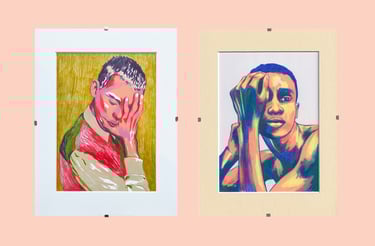 a couple of paintings of a man with a hand on his head