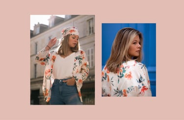 a woman in a floral top and jeans
