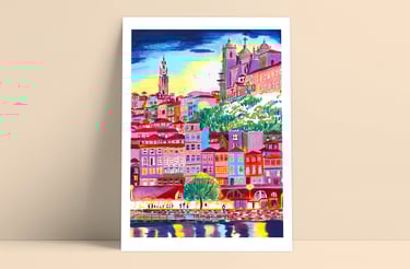 a painting of a cityscape of a river with a boat in the water