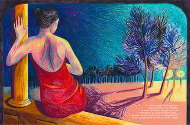 a woman in a red dress sitting on a ledge