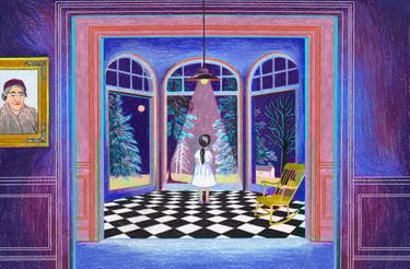 a painting of a woman in a chair in a room