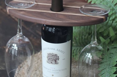 handcrafted wine bottle and glass holder made from black walnut and curly maple
