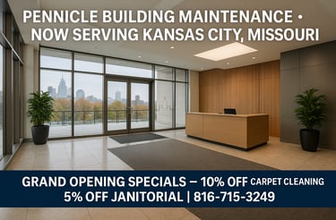 Pennicle Building Maintenance Kansas City office grand opening announcement with professional building exterior imagery