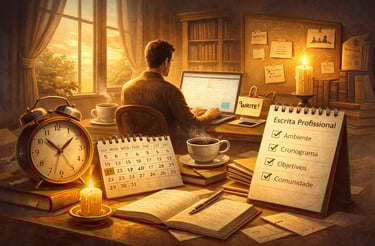 Rotina de escrita profissional — escritor digitando no computador em ambiente planejado com calendár