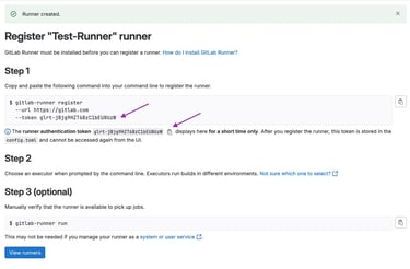 GitLab screenshot of the confirmation screen for a new, fake Runner.