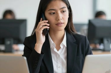 A friendly professional answering a phone call in a bright office.