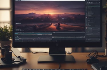 A person is using a laptop at a wooden table near a window. The screen displays an image editing software showing a photo of a smiling man with cameras and the text 'CONTENT IS CHAOS'. The view outside the window is slightly blurred, with a few people walking by.