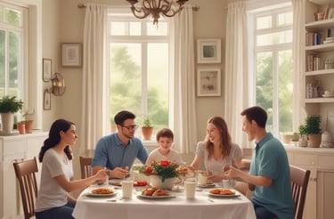 A warm, inviting home with a family smiling on the porch at sunset.