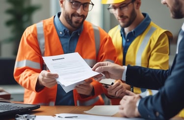 A worker in an orange safety vest and hard hat walks along a platform inside an industrial or rail setting. The area is dimly lit with artificial lights. Tracks run parallel to the platform, and in the background, other workers can be seen attending to their tasks.