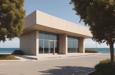 A car rental facility with noticeable signage in red and white is in view. The entrance shows a red vending machine and two trash bins nearby. The surroundings include buildings with visible architectural elements, and the area has some stairs leading up to the rental space.