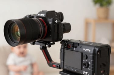 A cozy studio setup with camera gear and birthday decorations around.