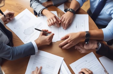 A welcoming office space with a friendly team discussing home plans.