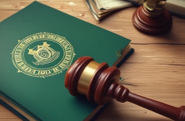 A person is holding a book with an ornate cover featuring a gavel and scales of justice. The book has Arabic text and is resting on a person's lap, who is wearing a light blue shirt and a watch with a black strap. It appears to be in a vehicle, indicated by the seat and window nearby.