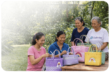 Women artisans handcrafting handwoven bags made from recycled plastic at Craftvitas Indonesia