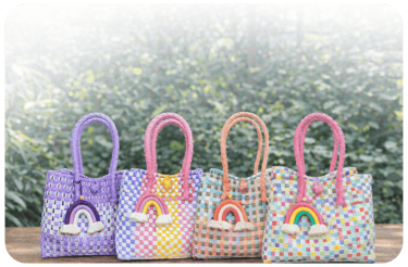 Handwoven jali bag collection handcrafted in Indonesia with colorful designs by Craftvitas
