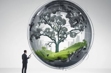 An aerial view showing vast stretches of green fields interspersed with a grid of blue solar panels. A small body of water is visible near the center of the fields. Part of an airplane's wing and engine are visible in the foreground, indicating the image is taken from an airplane.