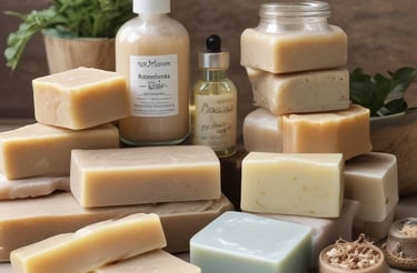 Three bottles of Earth Choice cleaning products are lined up on a wooden surface. The bottles have liquid inside and feature colorful labels with natural imagery like lemons and flowers. Each bottle is topped with a white cap, and the background is a solid teal color.