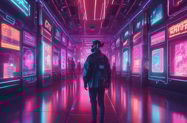 a man in a suit and hat standing in a room with neon lights