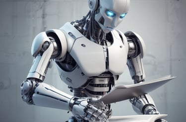 Four small, white robot figures are sitting in a row, each with a laptop in front of them. They have round bodies and blue accents, with 'AI' displayed on their chests. The background is minimal and light gray, emphasizing the robots and their computers.