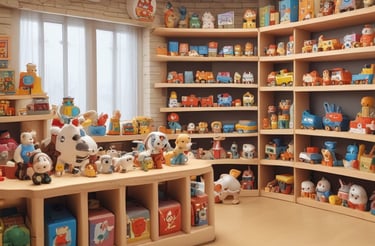 A collection of Shiba Inu figurines, with detailed features like smiling faces and decorative bandanas. The central figure has a blue bandana with an egg design, while others have different colored bandanas. The overall atmosphere is playful and whimsical.