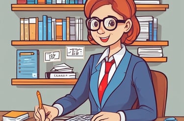 a woman in a suit and glasses is sitting at a desk