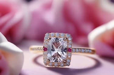 A dazzling diamond ring sits on top of a hexagonal patterned surface. The ring is elegantly crafted with a large, central diamond surrounded by smaller stones. The lighting creates a striking contrast with cool blue and warm red tones highlighting the metallic surface.