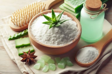 aloe leaves in a white powder in a bowl, with green colored liquid in glass jar