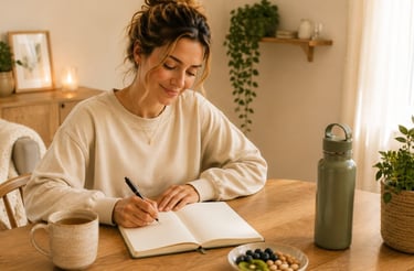 Woman tracking healthy daily habits in a wellness journal with tea and a healthy snack.