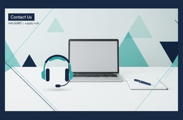 "صورة تواصل معنا تعرض لابتوب وسماعة خدمة عملاء مع عناصر مكتبية كجزء من صفحة Contact Us في HALGURD | 