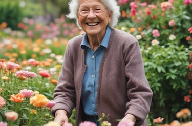 a smiling elderly woman in a garden full of flowers