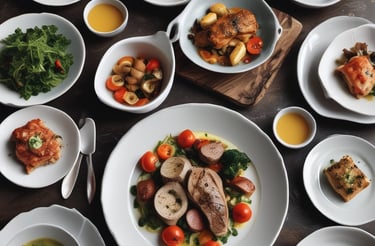A meal is arranged on a textured placemat with geometric patterns. A vibrant blue bowl contains a fresh salad with leafy greens, diced tomatoes, cucumbers, and avocado. Next to it is a bowl filled with cooked grains, likely quinoa or bulgur, in a white and blue-rimmed bowl. A plate features grilled chicken breast with grill marks, placed beside a fork. A decorative glass holds an orange beverage, possibly juice.