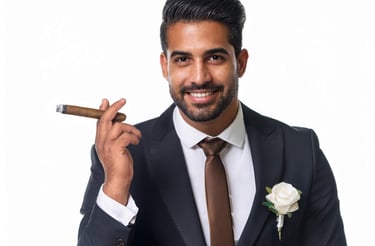Image of a young man wearing a suit and tie and holding a cigar.