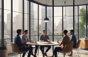 A professional technician setting up audiovisual equipment in a modern hotel lobby