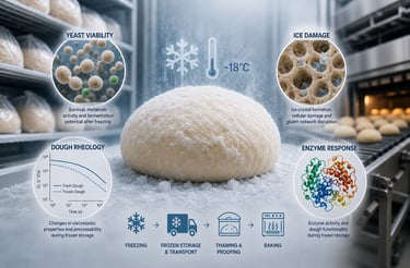 Frozen dough in an industrial bakery with visual callouts for yeast viability