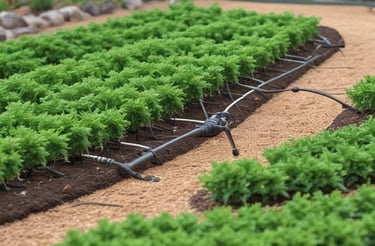 A modern garden irrigation system with sleek pipes and lush greenery.