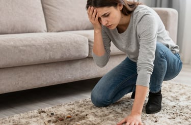 A friendly technician from Purevita Care smiling while holding cleaning equipment in a bright, cozy living room.