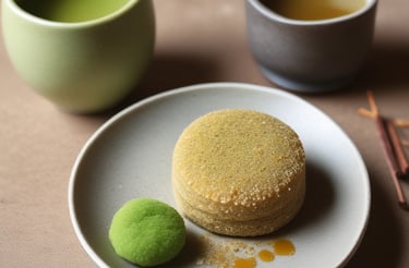 A serene workspace with light green and khaki accents, featuring a cup of tea and kinako powder on a wooden table.